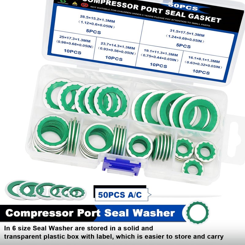 Daptemn 50PCS A/C Compressor Bonded Seal Washers Assortment Kit, 6 Sizes Air Conditioning Compressor Port Gasket Repairs Universal Automotive Self-Centered Washers (ID: 8mm-17.5mm) (Green) - Image 3